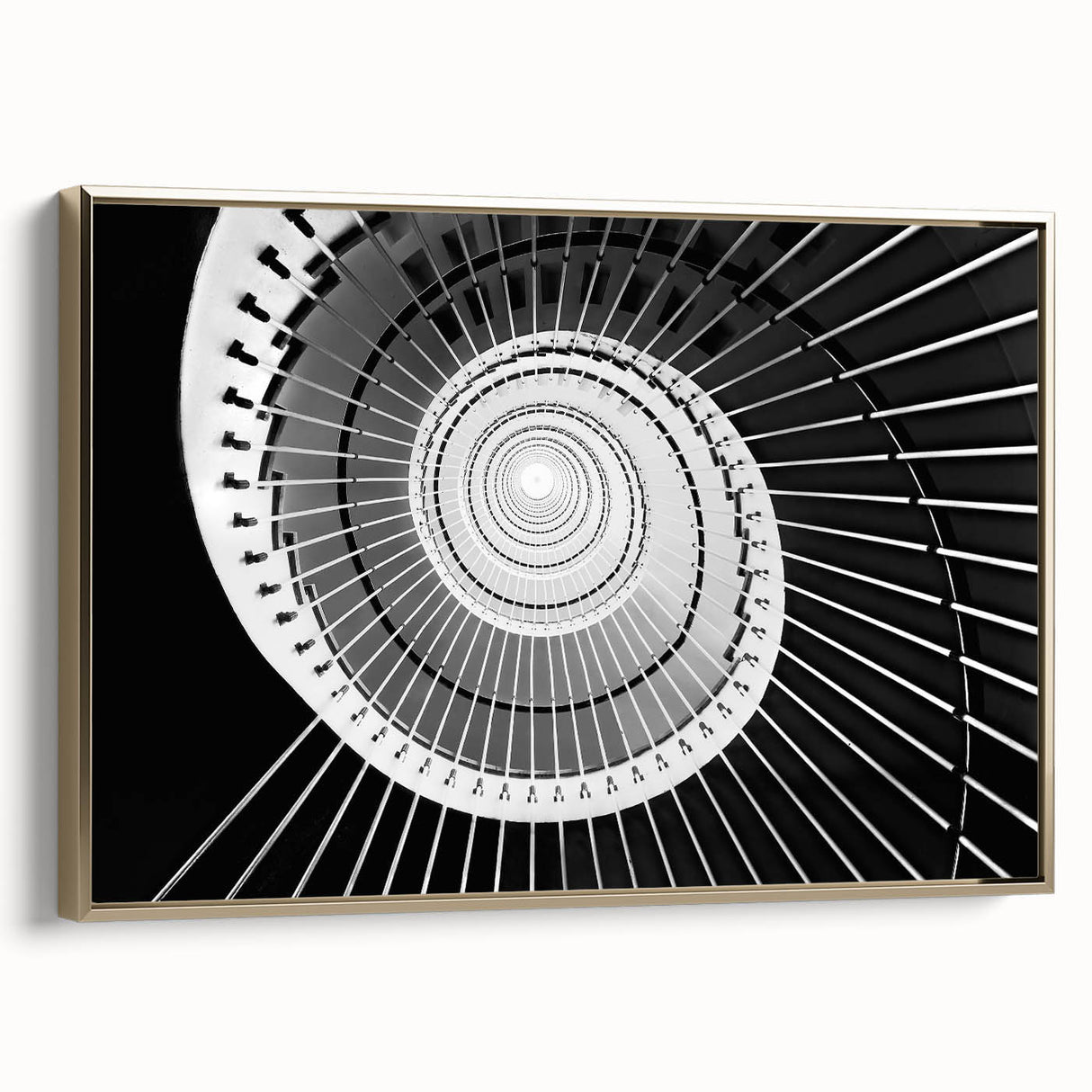 Spiral staircase in black and gold tones on a framed canvas, suitable for bedroom wall decor.