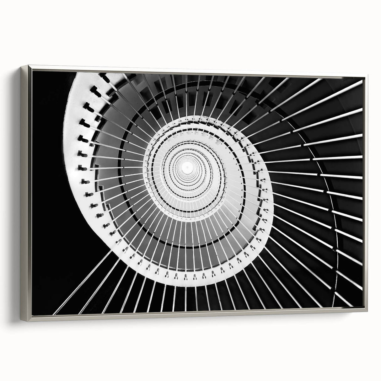 Framed canvas of a vintage black staircase design in muted gray tones, ideal for modern office decor.