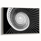 Framed canvas of a vintage black staircase design in muted gray tones, ideal for modern office decor.
