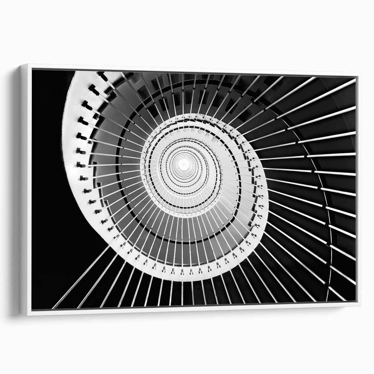 Vintage poster art of a spiral staircase in black and white, framed canvas, ideal for living room decor.