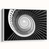 Vintage poster art of a spiral staircase in black and white, framed canvas, ideal for living room decor.