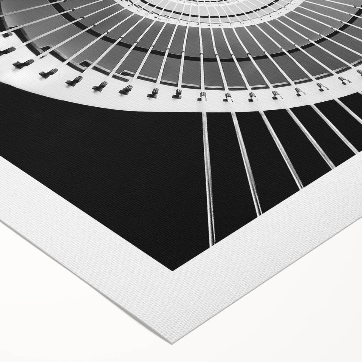 Art deco poster featuring a geometric staircase design in black and white on rolled canvas.