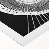 Art deco poster featuring a geometric staircase design in black and white on rolled canvas.