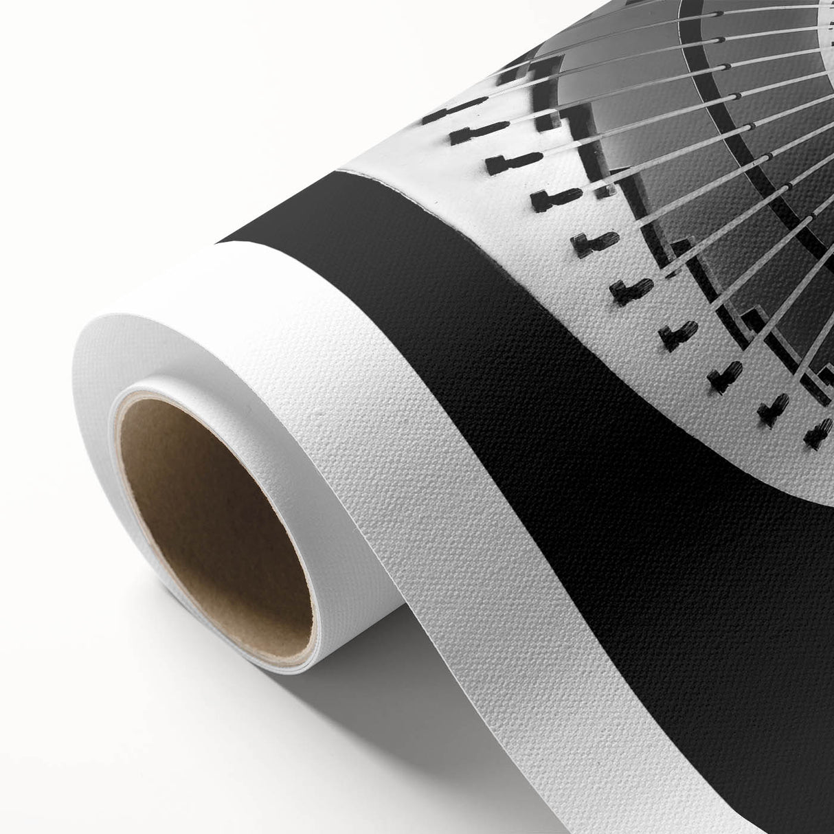 Art deco poster of a spiral staircase in monochrome, printed on rolled canvas.