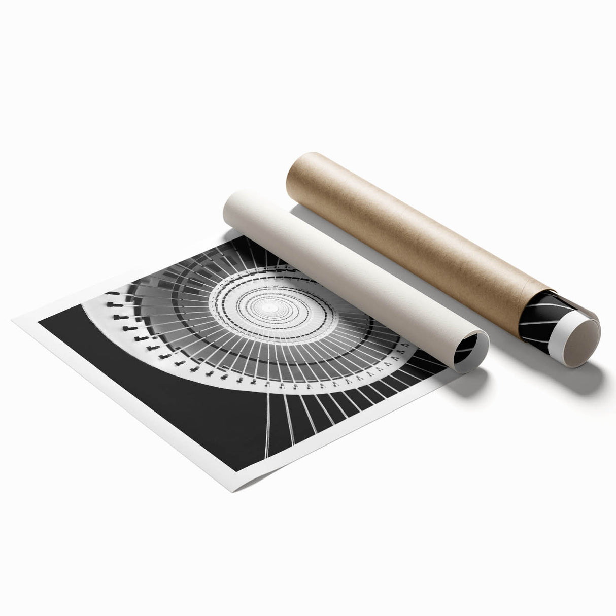 Extra large rolled print of a spiral staircase in muted gray tones, ideal for classy bathroom wall art.