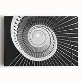 Black and white photo of a spiral staircase on stretched canvas, ideal for kitchen wall art.