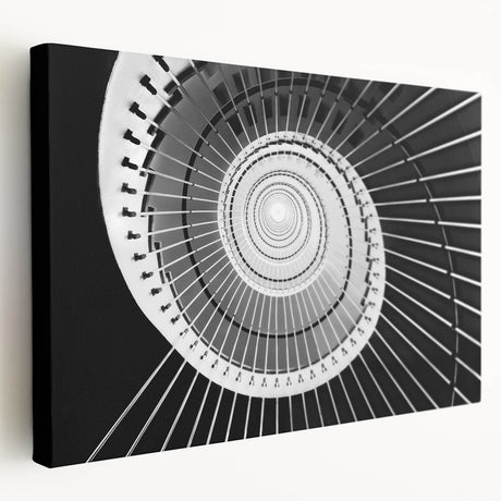 Spiral staircase design in monochrome tones on stretched canvas, suitable for kitchen wall art.