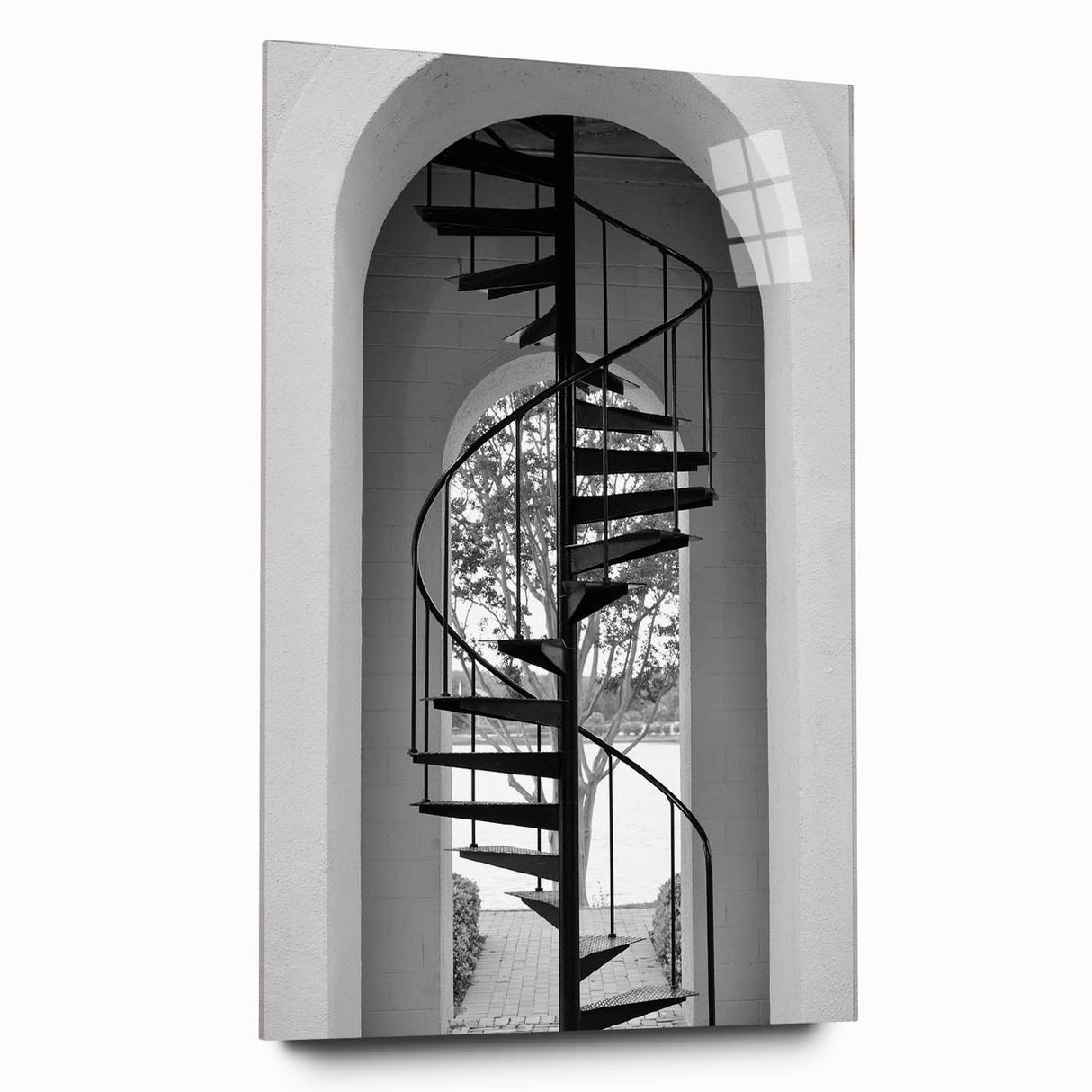 Side view of a large abstract acrylic print showing a spiraled staircase in grayscale, ideal for bedroom or dining room art.