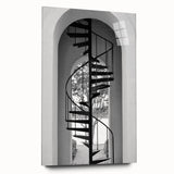 Side view of a large abstract acrylic print showing a spiraled staircase in grayscale, ideal for bedroom or dining room art.