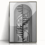 Mid-century modernist art featuring a spiral staircase in muted gray, acrylic framed, ideal for modern art wall decor.