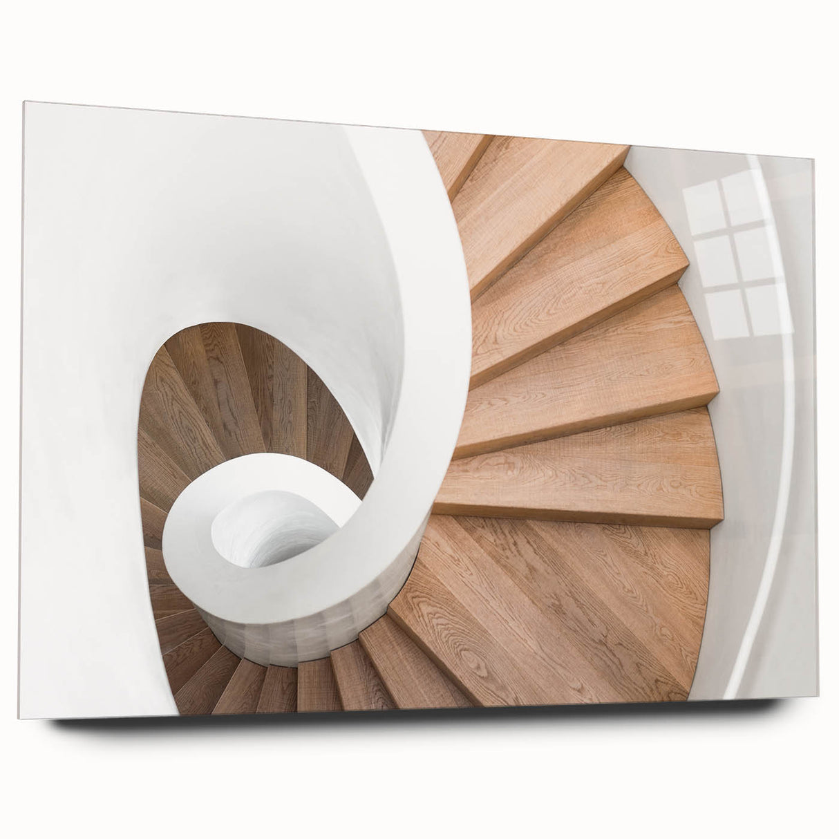 Large abstract wall art on acrylic glass featuring a spiral staircase in grayscale, ideal for bedroom or dining room decor.