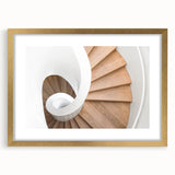 Extra large abstract art print featuring textured spiral staircase design in neutral tones, framed in gold.