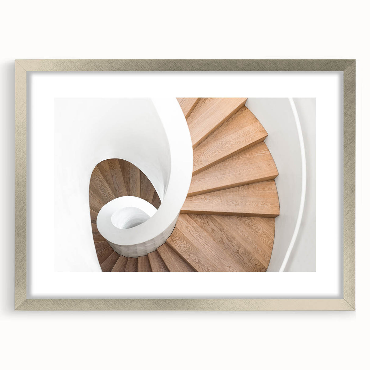 Textured art print of an abstract staircase design in grayscale, framed in silver, ideal for modern bedroom ambiance.