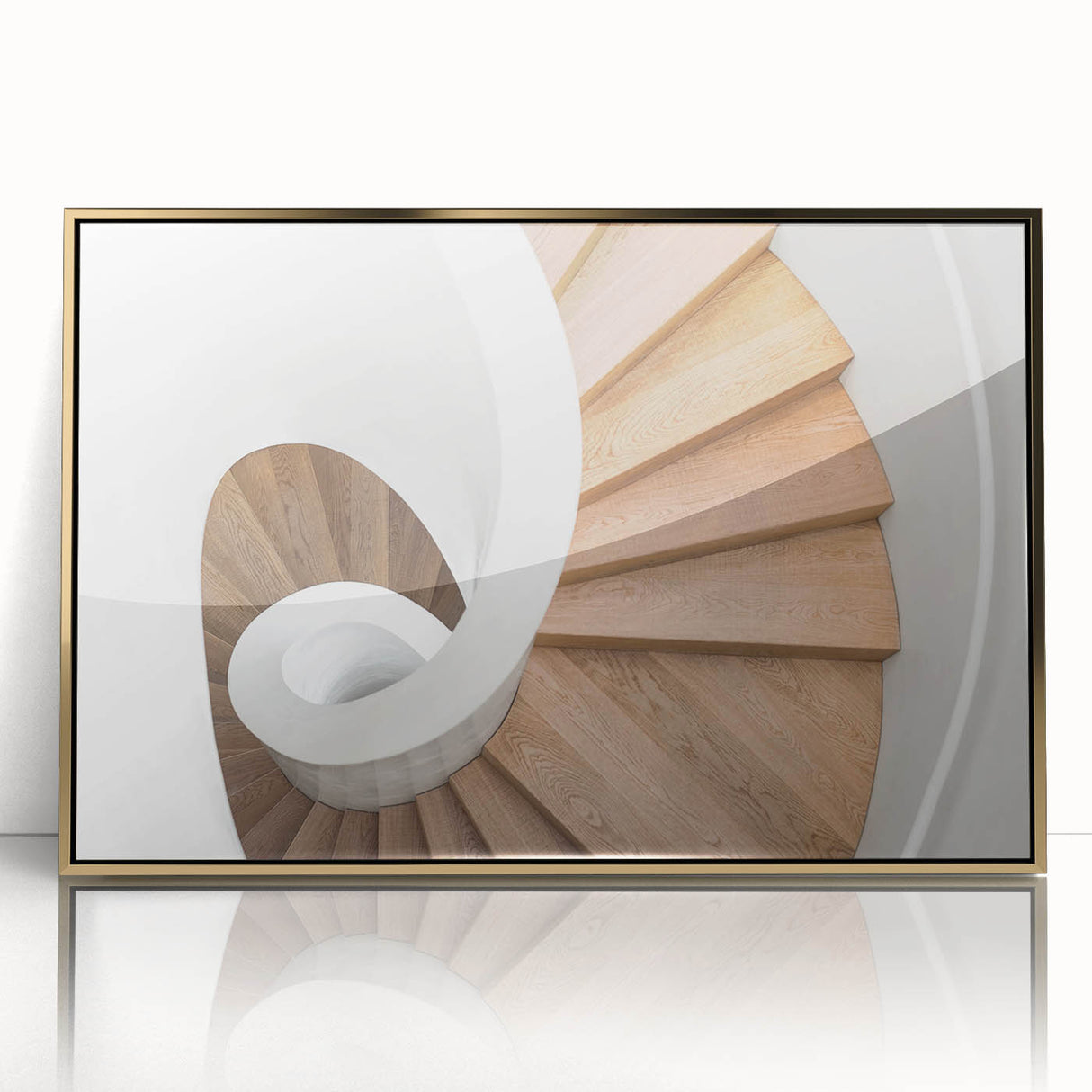 Mid-century modernist spiral staircase in gold and black hues, acrylic print, suited for modern art wall decor.
