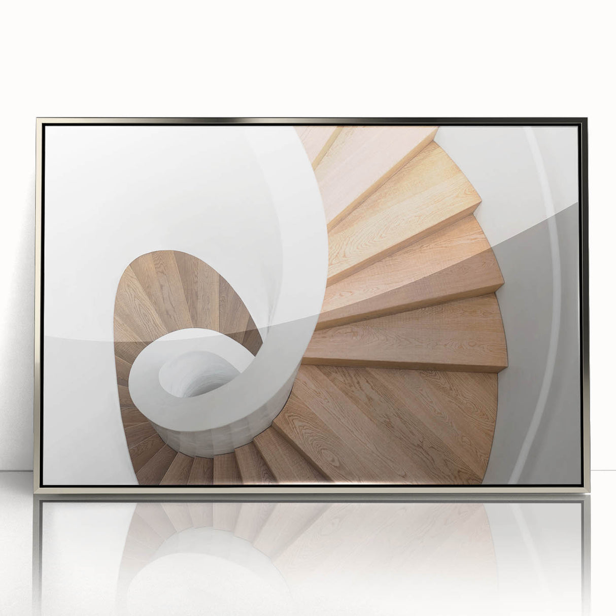 Mid-century modernist staircase design in silver and gray tones, framed acrylic print, suited for modern art wall decor.