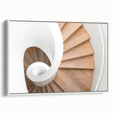 Vintage poster art of a spiral staircase in black and colorful tones on a framed canvas, suitable for living room decor.