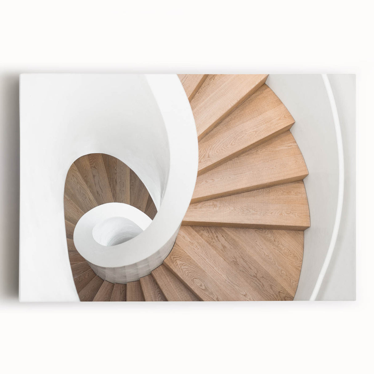 Black and white photograph of a spiral staircase on stretched canvas, suitable for kitchen wall art.