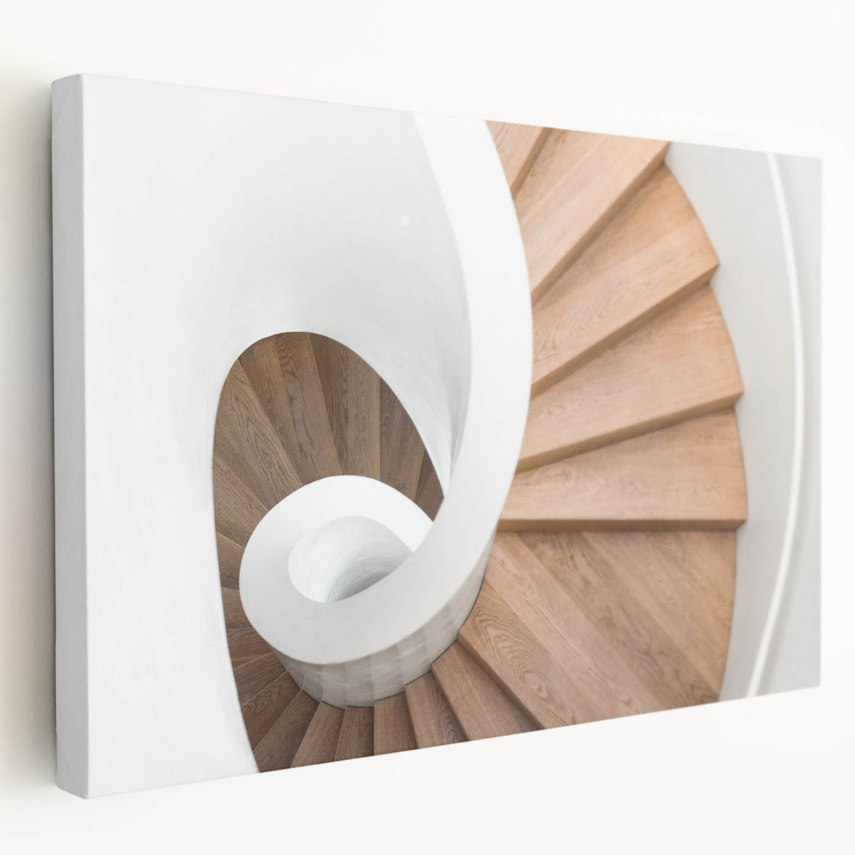 Spiral staircase design in monochrome on a large stretched canvas, suitable for kitchen wall art.
