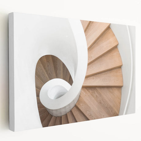 Spiral staircase design in monochrome on a large stretched canvas, suitable for kitchen wall art.