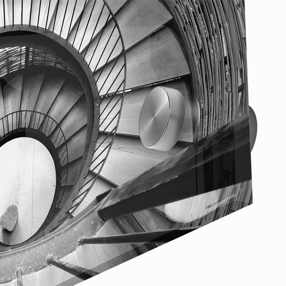 Mid-century modernist large abstract art print on acrylic glass, featuring a spiral staircase in monochrome tones.