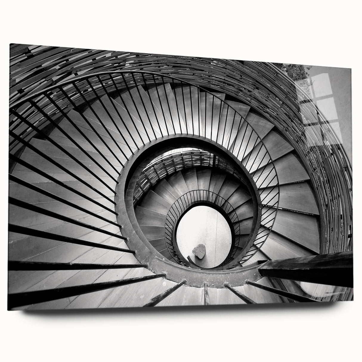 Large abstract wall art featuring a spiraling staircase in muted gray and white tones, acrylic print.