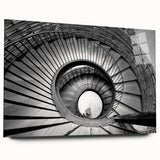 Large abstract wall art featuring a spiraling staircase in muted gray and white tones, acrylic print.
