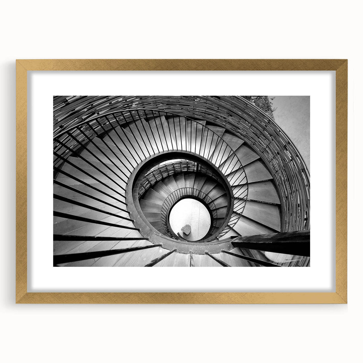 Extra large abstract art print of a textured staircase design in muted gold, framed, ideal for living room decor.
