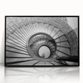 Large abstract wall art of a spiral staircase in black and white tones, framed acrylic, ideal for modern art wall decor.