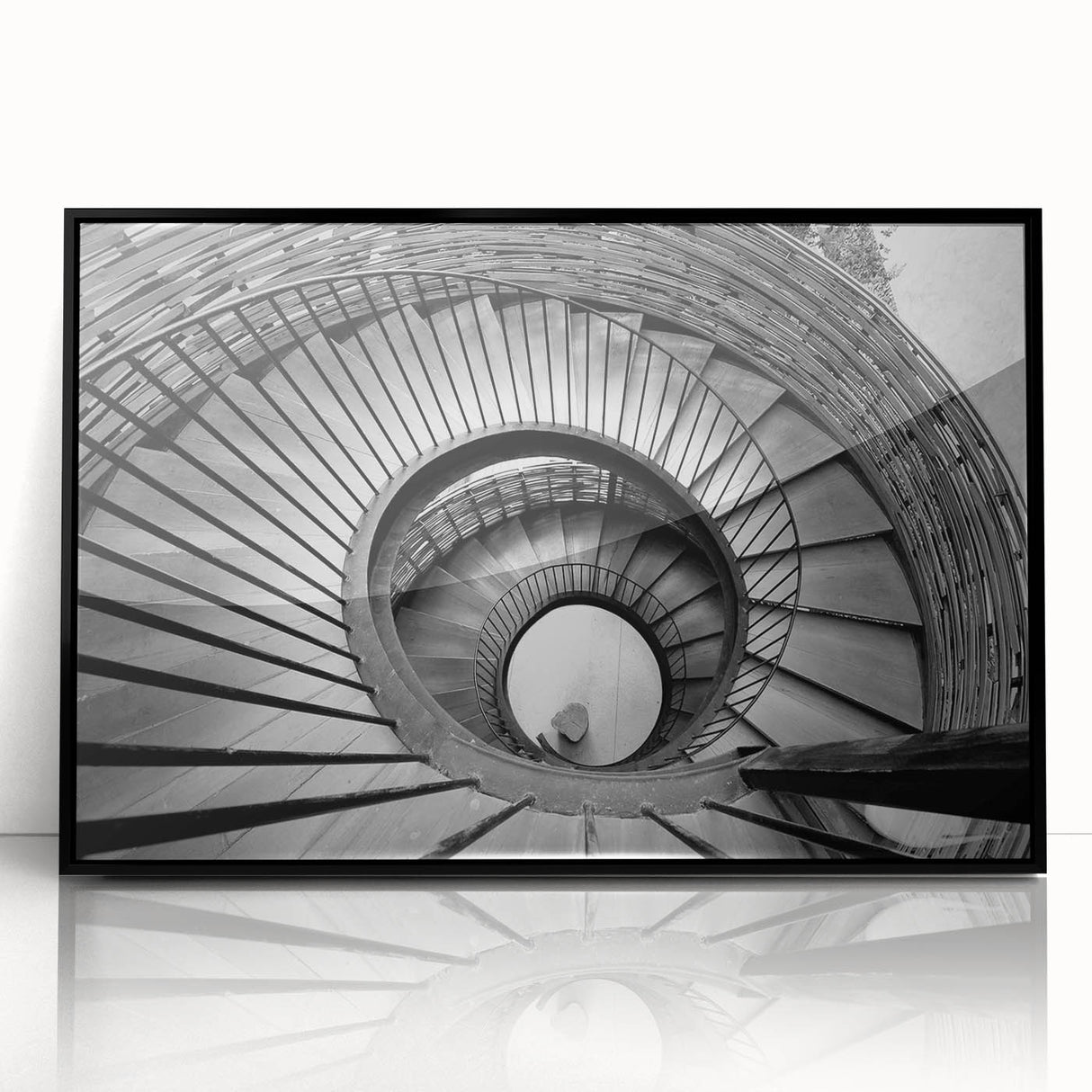 Large abstract wall art of a spiral staircase in black and white tones, framed acrylic, ideal for modern art wall decor.