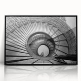 Large abstract wall art of a spiral staircase in black and white tones, framed acrylic, ideal for modern art wall decor.