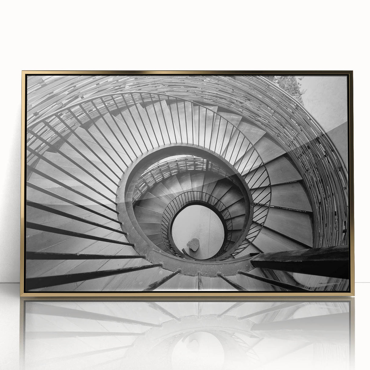 Mid-century modernist staircase design in gold and black on a framed acrylic, ideal for modern art wall decor.