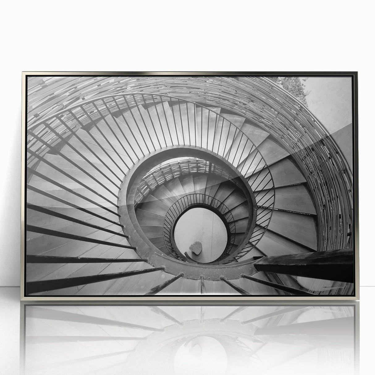 Mid-century modernist art depicting an architectural staircase in muted gray, acrylic print framed in silver.