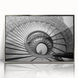 Mid-century modernist art depicting an architectural staircase in muted gray, acrylic print framed in silver.