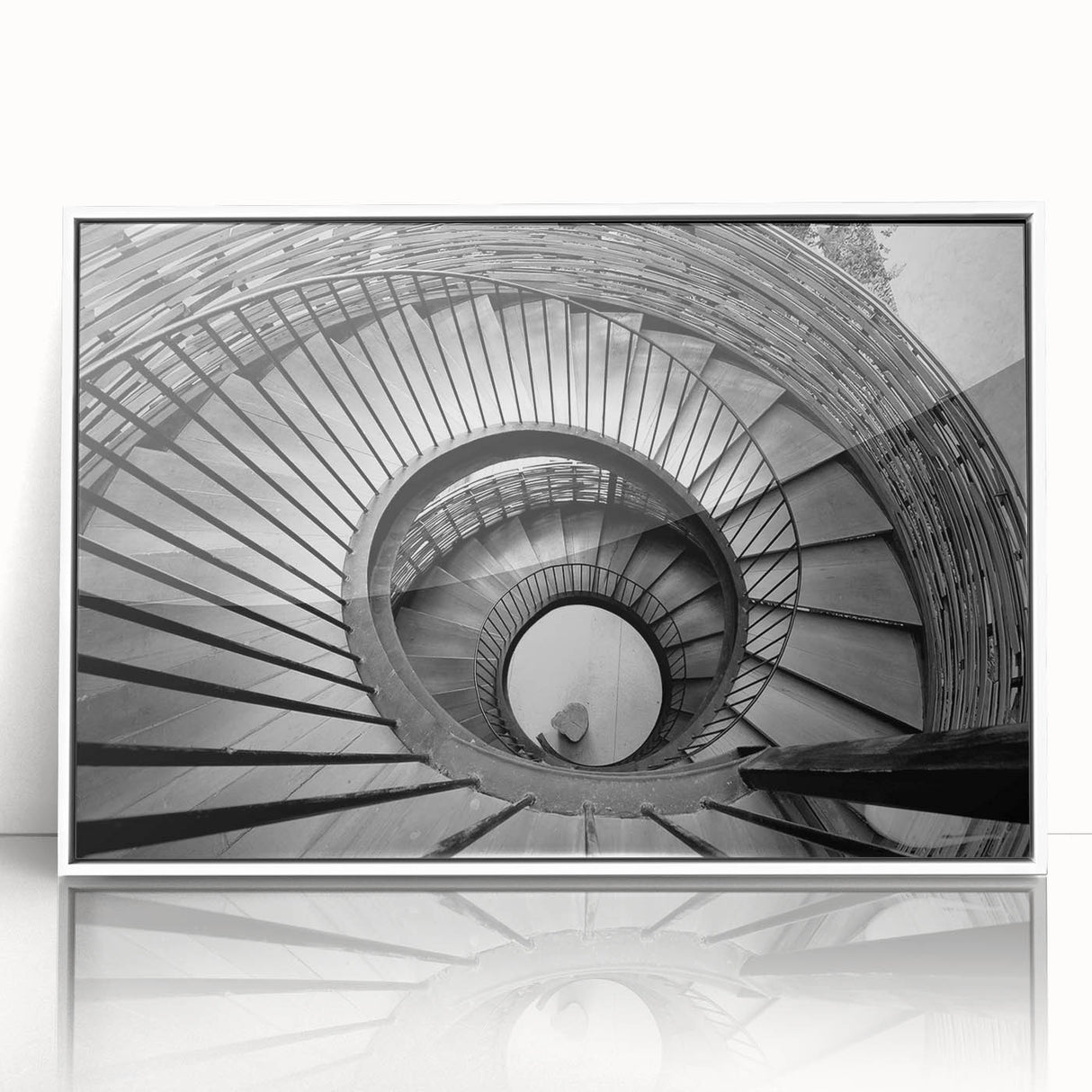 Art deco poster of a spiral staircase in black and white, framed acrylic, ideal for modern art wall decor.