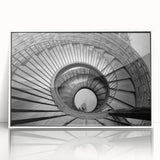 Art deco poster of a spiral staircase in black and white, framed acrylic, ideal for modern art wall decor.