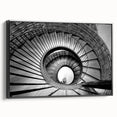 Black and white framed canvas of a spiraling staircase, ideal for bedroom wall decor.