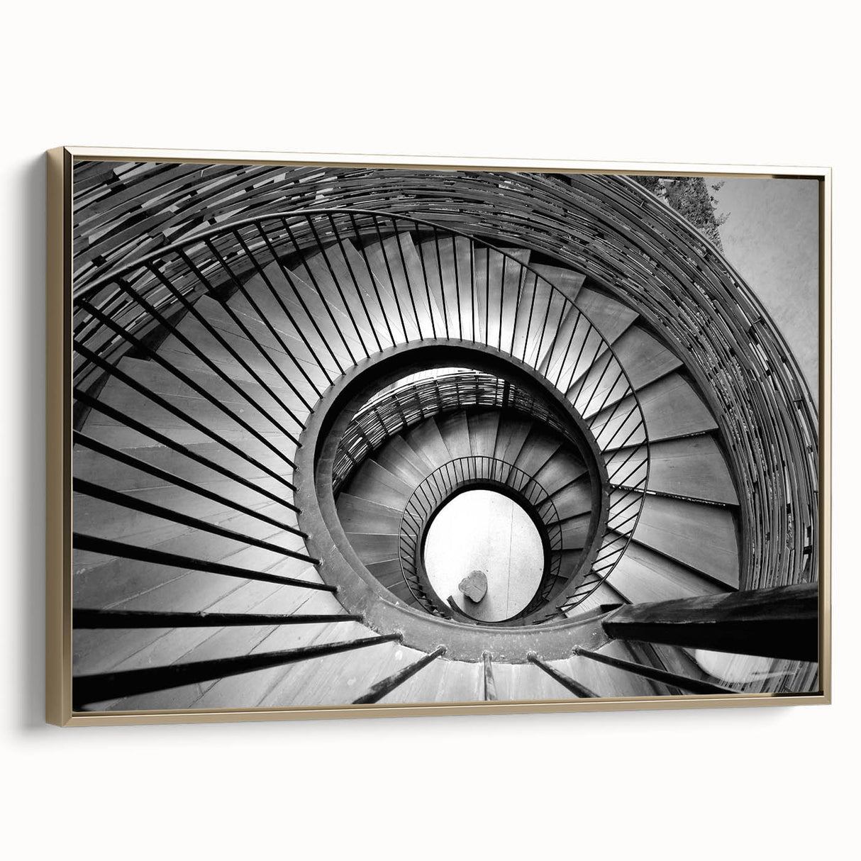 Framed canvas of a black and gold vintage staircase design, ideal for bedroom wall art.