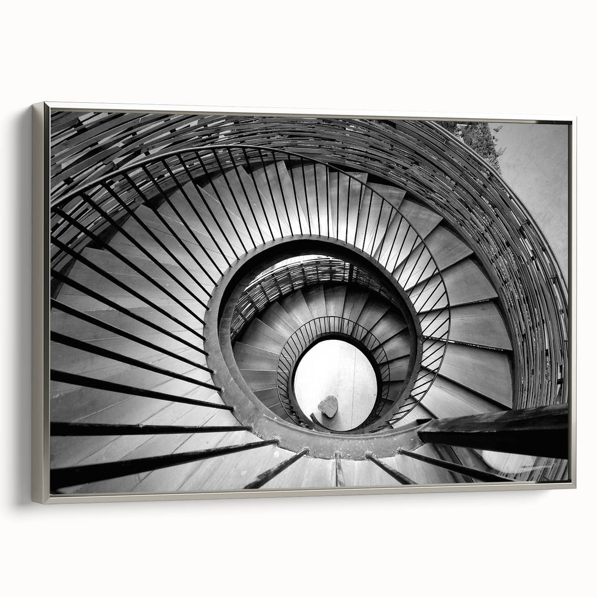 Framed canvas featuring a black and white vintage staircase design, ideal for adding a classic touch to office spaces.