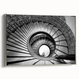 Framed canvas featuring a black and white vintage staircase design, ideal for adding a classic touch to office spaces.
