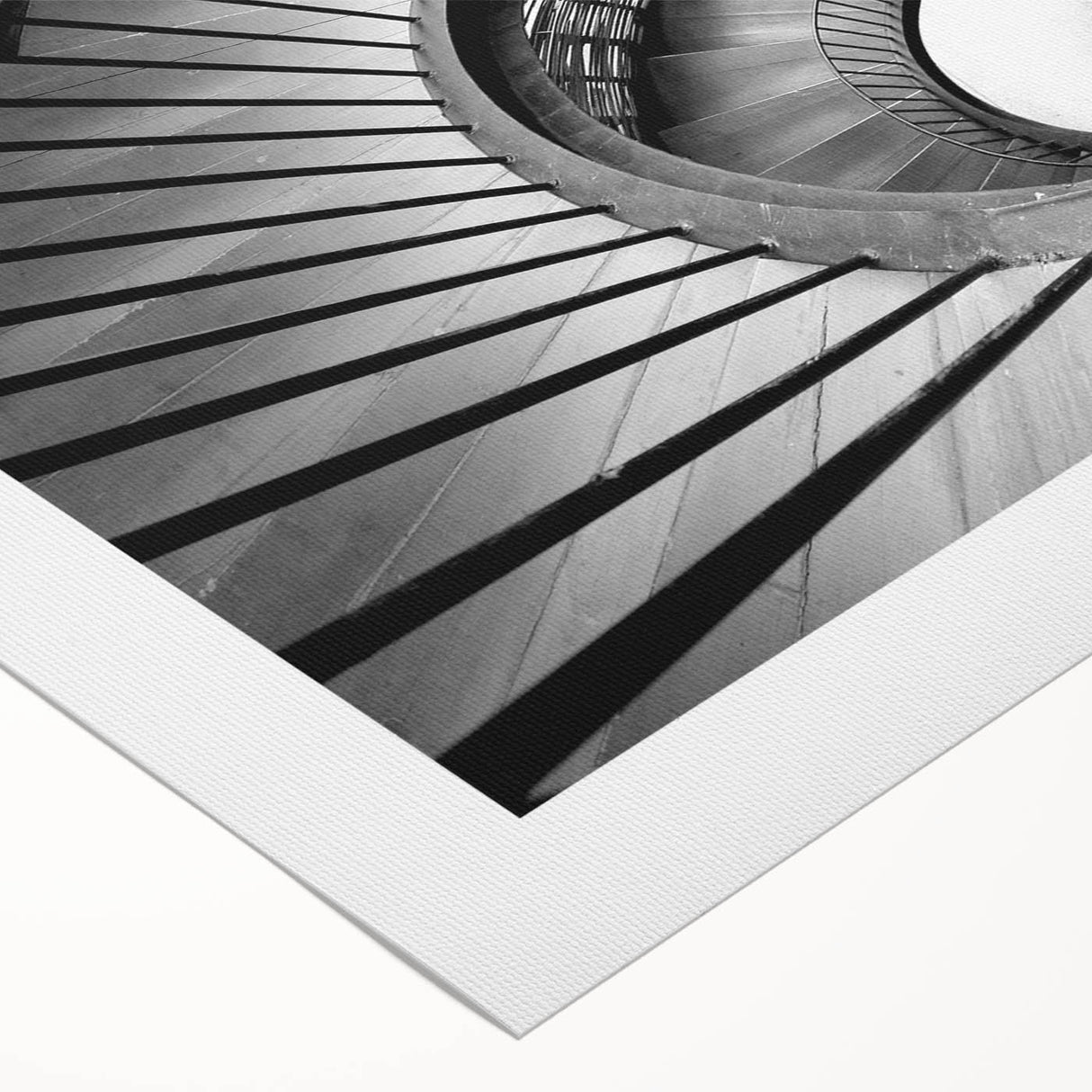 Art deco poster featuring a monochrome spiral staircase on rolled canvas, suitable for dining room or bathroom.