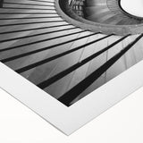 Art deco poster featuring a monochrome spiral staircase on rolled canvas, suitable for dining room or bathroom.