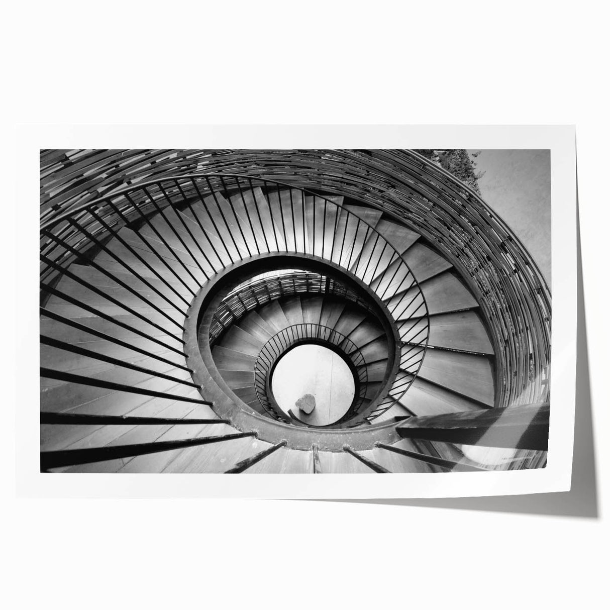 Extra large rolled print of a spiral staircase in muted gray tones, ideal for art wall dining room.