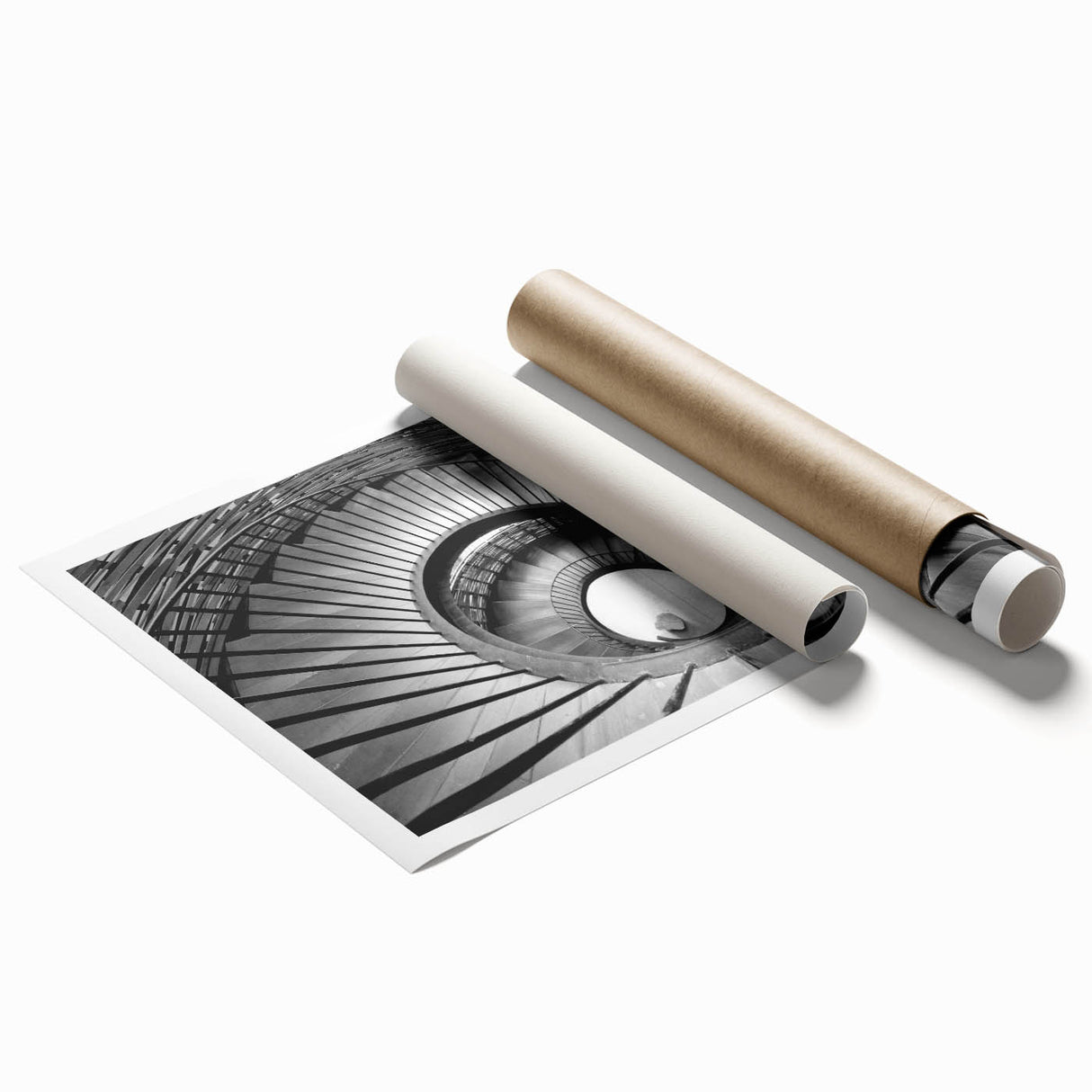 Spiral staircase design in muted gray tones on a large rolled canvas, suitable for classy bathroom wall art.