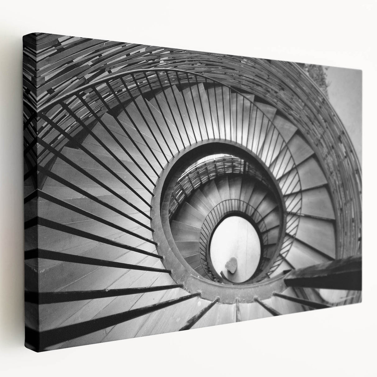 Spiral staircase in monochrome, large art on stretched canvas, suitable for kitchen wall decor.