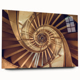 Large abstract wall art depicting a spiral staircase in monochrome tones, printed on acrylic glass.