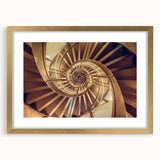 Extra large abstract art print of a textured staircase design in muted gold, framed, ideal for living room decor.
