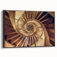 Black and white framed canvas of a spiral staircase, ideal for bedroom wall art in a vintage style.