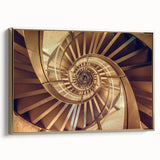 Framed canvas of a vintage poster featuring a black and gold architectural staircase, ideal for bedroom wall decor.