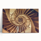 Black and white photograph of a spiral staircase on stretched canvas, suitable for kitchen wall art.