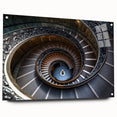 Large abstract wall art of a spiraling staircase in muted gray, acrylic print, ideal for bedroom or dining room decor.